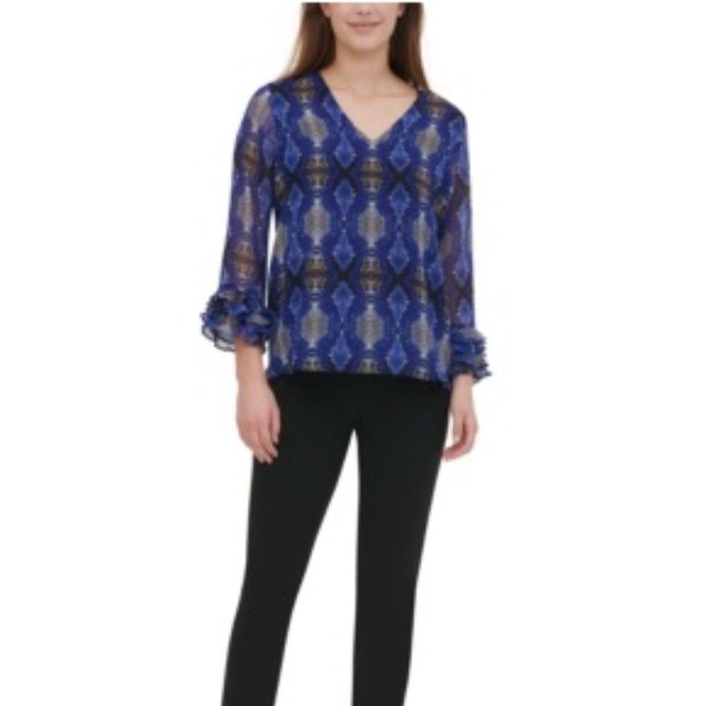 Calvin Klein Printed Ruffle-Sleeve Blouse - Picture 2 of 6